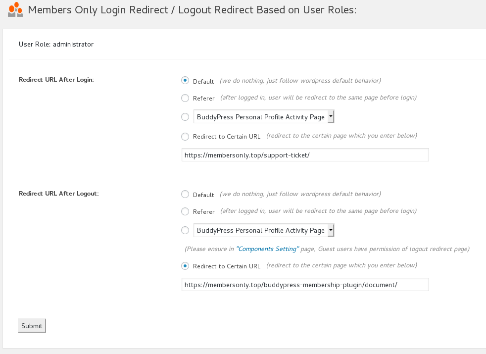 buddypress membership plugin login redirect