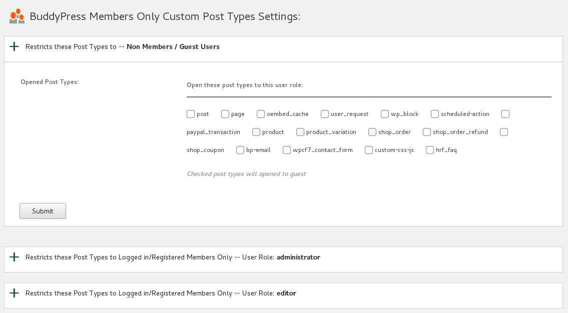 BuddyPress Members Only Custom Post Types Settings