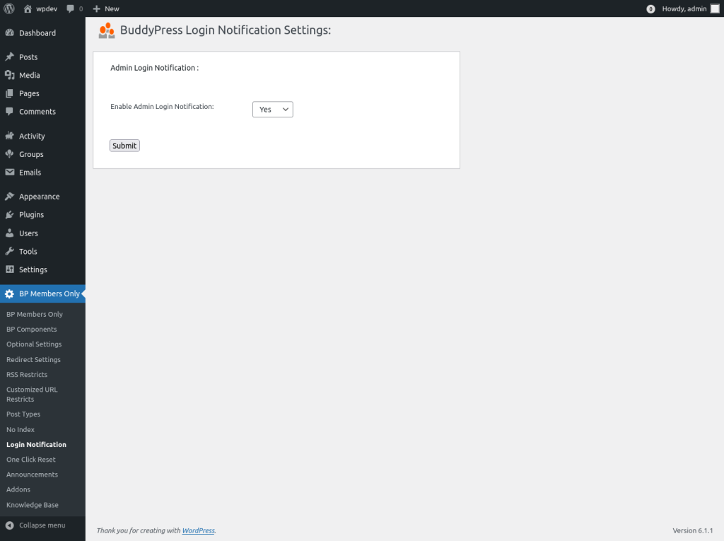 BuddyPress Login Notification Settings