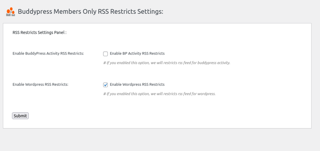 Buddypress Members Only WordPress RSS Restricts Settings