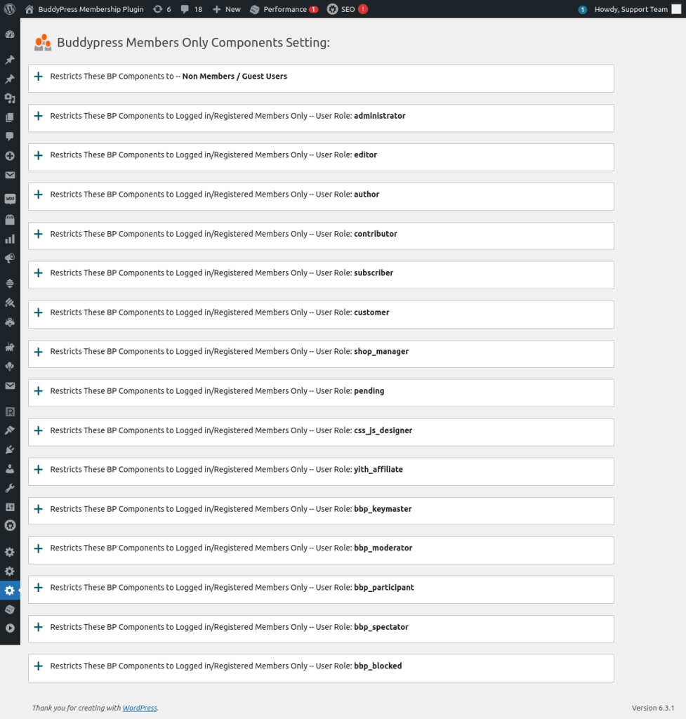 Buddypress Members Only Components Setting panel in bp members only 4.8.8