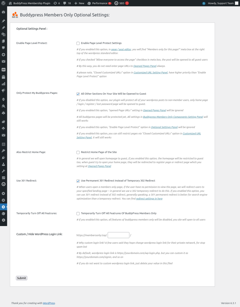 Buddypress Members Only Optional Settings panel in 4.8.8
