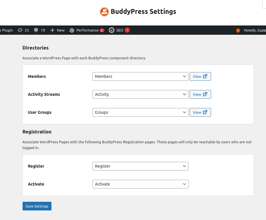 Associate a WordPress Page with each BuddyPress component directory