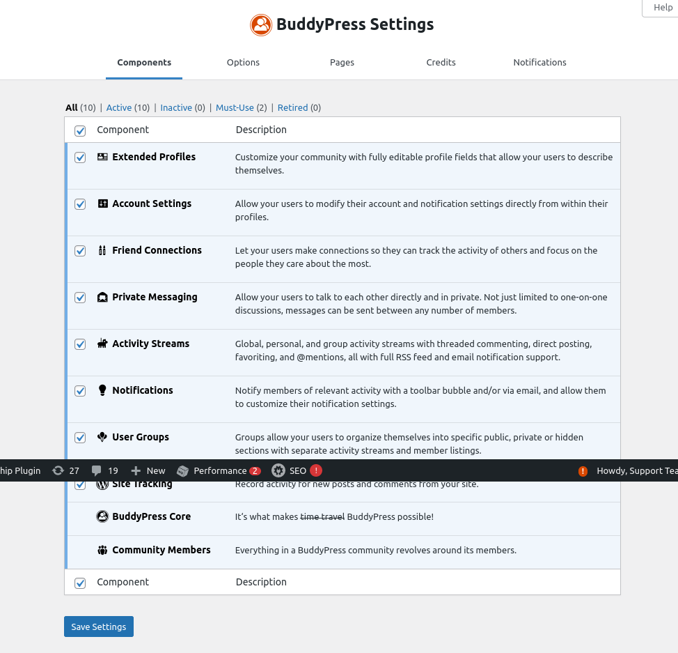 buddypress settings panel