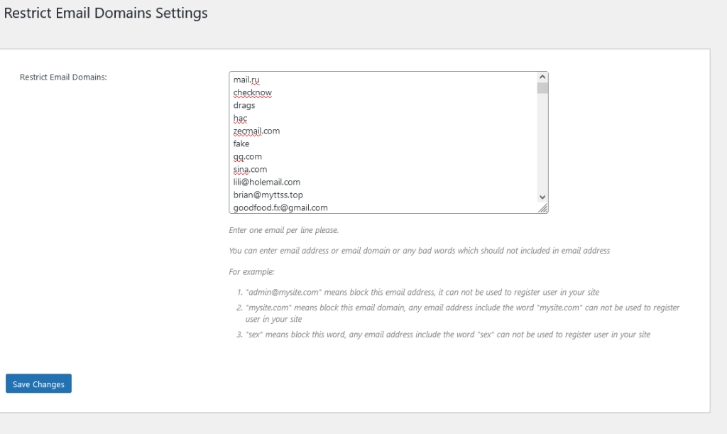 Restrict Email Domains Settings for buddypress 2024